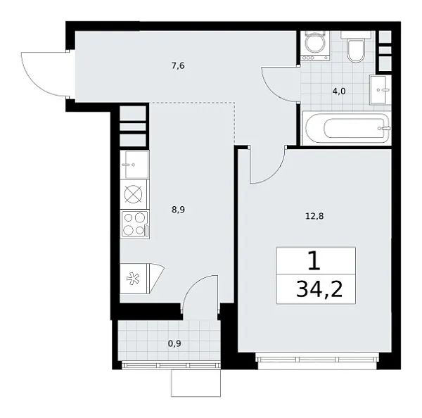 Новая 1-к квартира
 34.2 м² на 8/10 этаже в ЖК «Родные кварталы» в городе Тюмень 