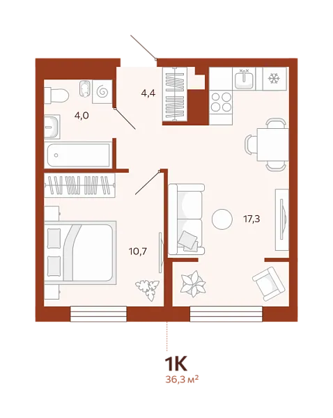 Новая 1-к квартира
 36.32 м² на 3/14 этаже в ЖК «ЖК Новатор» в городе Тюмень 