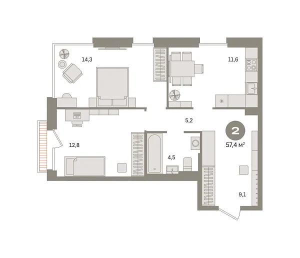 Новая 2-к квартира
 57.39 м² на 16/23 этаже в ЖК «Квартал Герцена» в городе Тюмень 