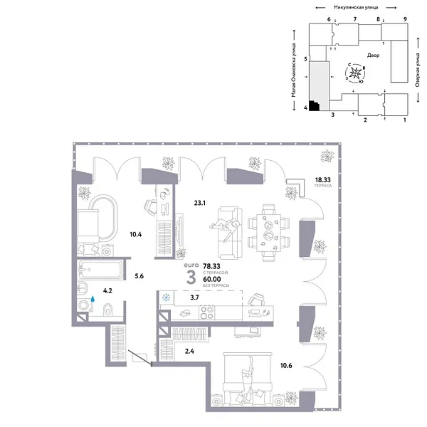 Новая 3-к квартира
 78.33 м² на 19/30 этаже в ЖК «Страна.Озёрная» в городе Тюмень 