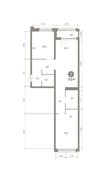 Количество комнат: 2,  77.1 кв.м.