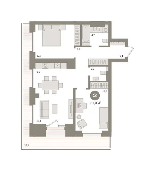 Новая 2-к квартира
 81 м² на 8/9 этаже в ЖК «Речной порт» в городе Тюмень 