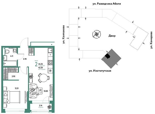 Новая 2-к квартира
 44.34 м² на 22/26 этаже в ЖК «Страна.Парковая» в городе Тюмень 
