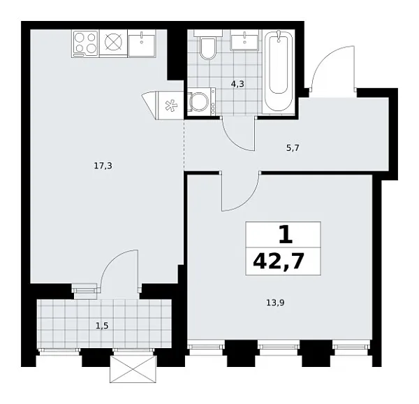 Новая 1-к квартира
 42.7 м² на 22/22 этаже в ЖК «Деснаречье» в городе Тюмень 