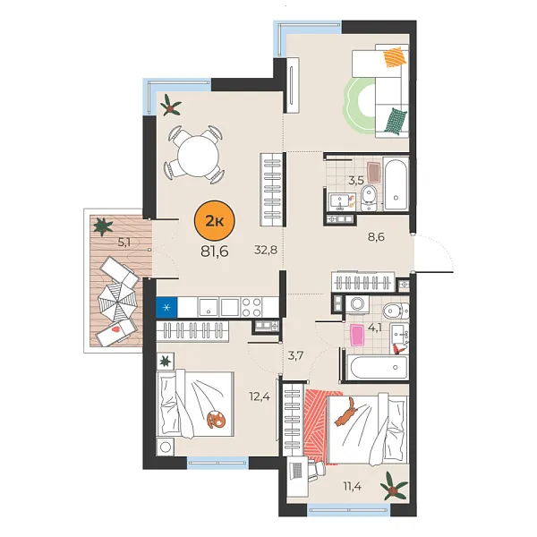 Новая 2-к квартира
 76.5 м² на 1/25 этаже в ЖК «Корней» в городе Тюмень 