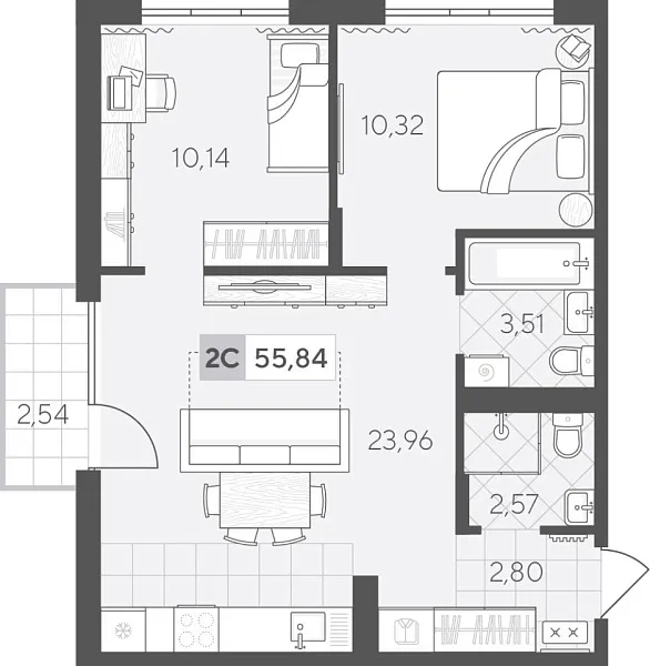 Новая 2-к квартира
 55.84 м² на 4/4 этаже в ЖК «Скандиа. Квартал у Озера» в городе Тюмень 
