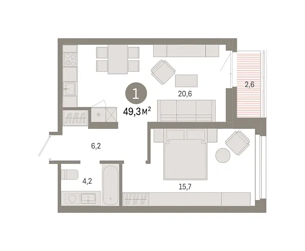 Новая 1-к квартира
 49.3 м² на 4/9 этаже в ЖК «Квартал Нефть» в городе Тюмень 