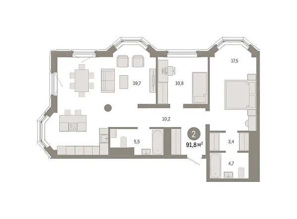 Новая 2-к квартира
 91.8 м² на 14/24 этаже в ЖК «На Некрасова» в городе Тюмень 