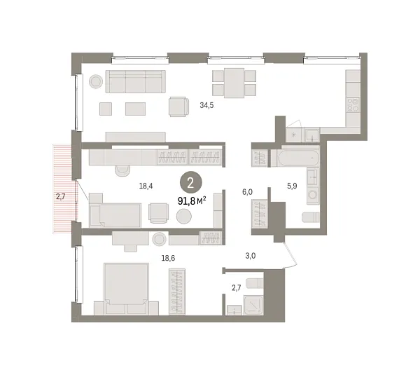 Новая 2-к квартира
 91.8 м² на 14/16 этаже в ЖК «Квартал «Траектория»» в городе Тюмень 