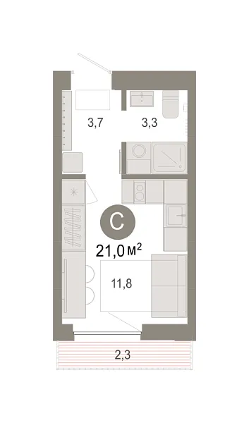 Новая квартира-студия
 21.01 м² на 3/7 этаже в ЖК «Октябрьский на Туре» в городе Тюмень 