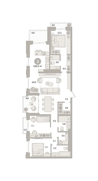 Новая 3-к квартира
 132.47 м² на 15/27 этаже в ЖК «Квартал «МОНС»» в городе Тюмень 