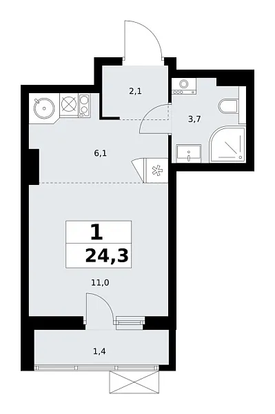 Новая 1-к квартира
 24.3 м² на 15/19 этаже в ЖК «Бунинские кварталы» в городе Тюмень 