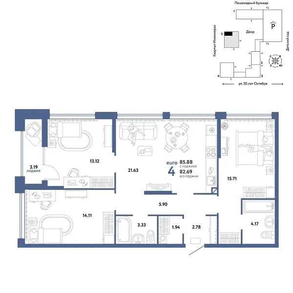 Новая 4-к квартира
 85.88 м² на 5/25 этаже в ЖК «Сердце Сибири» в городе Тюмень 