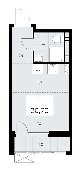 Новая 1-к квартира
 20.7 м² на 9/9 этаже в ЖК «Бунинские кварталы» в городе Тюмень 