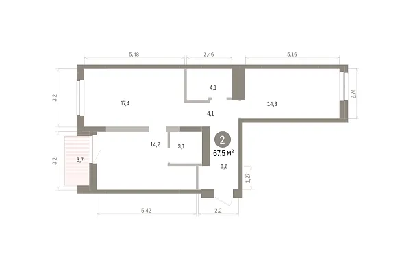 Количество комнат: 2,  67.6 кв.м.
