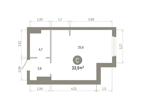 Количество комнат: Студия,  33.44 кв.м.
