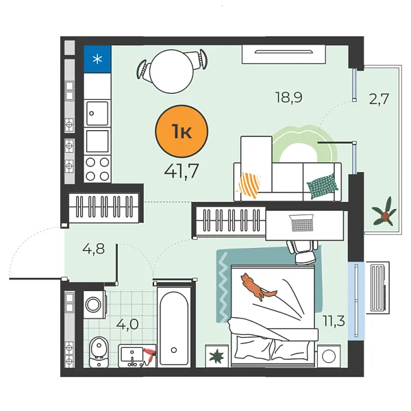 Новая 1-к квартира
 39 м² на 4/25 этаже в ЖК «Корней» в городе Тюмень 