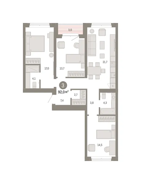 Новая 3-к квартира
 92.02 м² на 3/7 этаже в ЖК «Кварталы «На Минской»» в городе Тюмень 