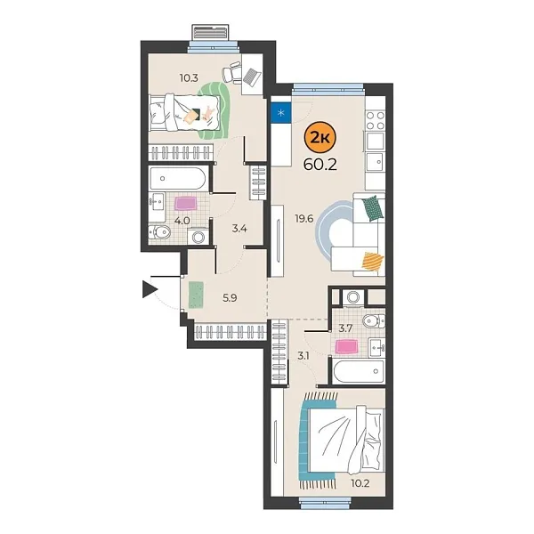Новая 2-к квартира
 60.2 м² на 2/25 этаже в ЖК «Корней» в городе Тюмень 