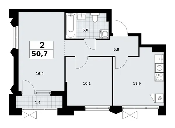 Новая 2-к квартира
 50.7 м² на 10/16 этаже в ЖК «Деснаречье» в городе Тюмень 
