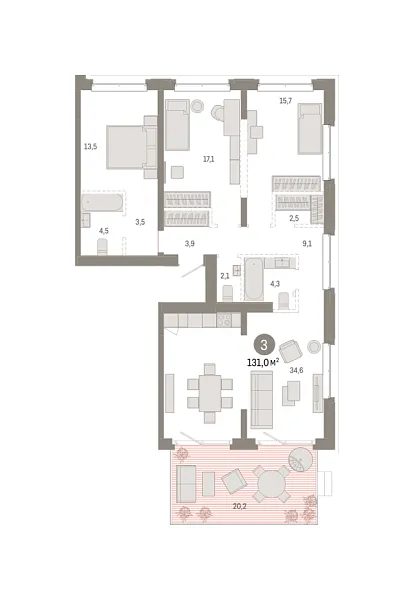 Новая 3-к квартира
 130.97 м² на 2/7 этаже в ЖК «Кварталы «На Минской»» в городе Тюмень 
