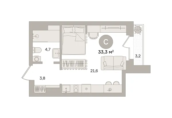 Новая квартира-студия
 33.88 м² на 8/27 этаже в ЖК «Квартал «МОНС»» в городе Тюмень 
