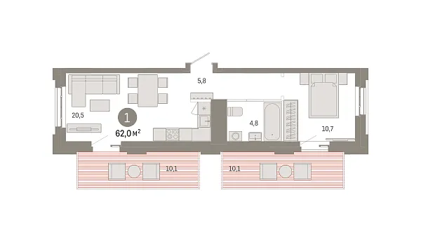 Новая 1-к квартира
 62 м² на 2/7 этаже в ЖК «Квартал «Метроном»» в городе Тюмень 