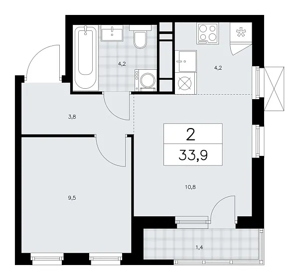 Новая 2-к квартира
 33.9 м² на 16/16 этаже в ЖК «Прокшино» в городе Тюмень 
