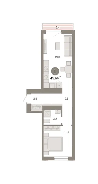 Новая 1-к квартира
 45.59 м² на 5/8 этаже в ЖК «Октябрьский на Туре» в городе Тюмень 