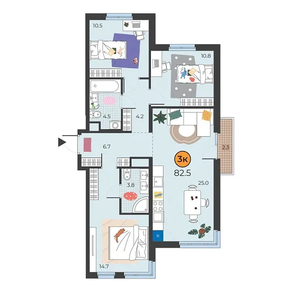 Новая 3-к квартира
 81.4 м² на 3/25 этаже в ЖК «Корней» в городе Тюмень 