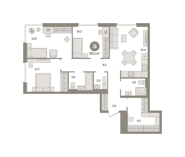 Новая 3-к квартира
 80.09 м² на 9/16 этаже в ЖК «Квартал Герцена» в городе Тюмень 