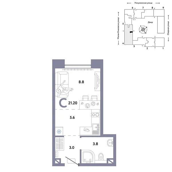 Новая квартира-студия
 21.2 м² на 2/30 этаже в ЖК «Страна.Озёрная» в городе Тюмень 