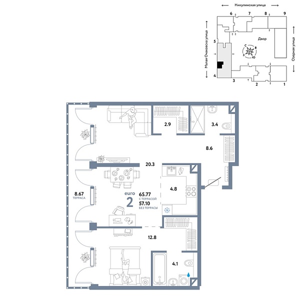 Новая 2-к квартира
 65.77 м² на 8/30 этаже в ЖК «Страна.Озёрная» в городе Тюмень 