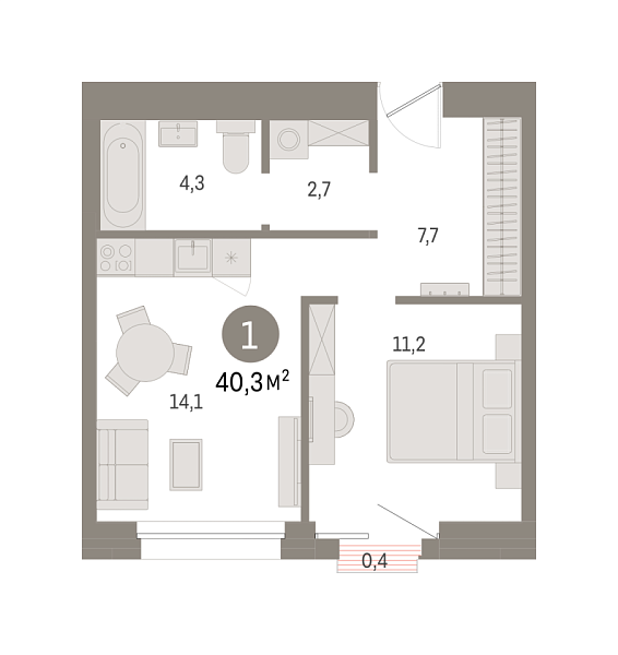 Новая 1-к квартира
 40.32 м² на 11/15 этаже в ЖК «Северный ветер» в городе Тюмень 