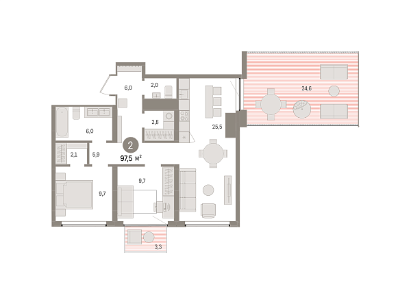 Новая 2-к квартира
 97.49 м² на 5/7 этаже в ЖК «Речной порт» в городе Тюмень 