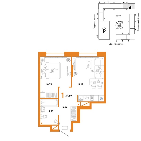 Новая 1-к квартира
 34.69 м² на 15/16 этаже в ЖК «Юнион» в городе Тюмень 