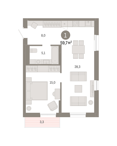 Новая 1-к квартира
 59.65 м² на 14/15 этаже в ЖК «Республики 205» в городе Тюмень 