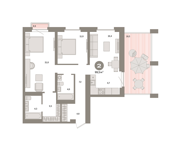 Новая 2-к квартира
 99.5 м² на 17/24 этаже в ЖК «Квартал «Метроном»» в городе Тюмень 