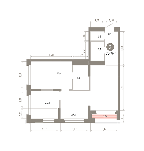 Количество комнат: 2,  70.7 кв.м.
