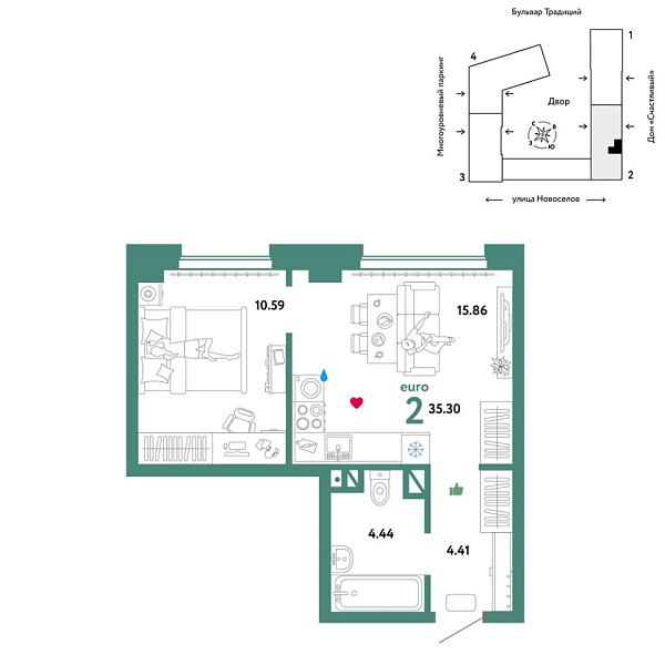 Новая 2-к квартира
 35.3 м² на 4/16 этаже в ЖК «Домашний» в городе Тюмень 
