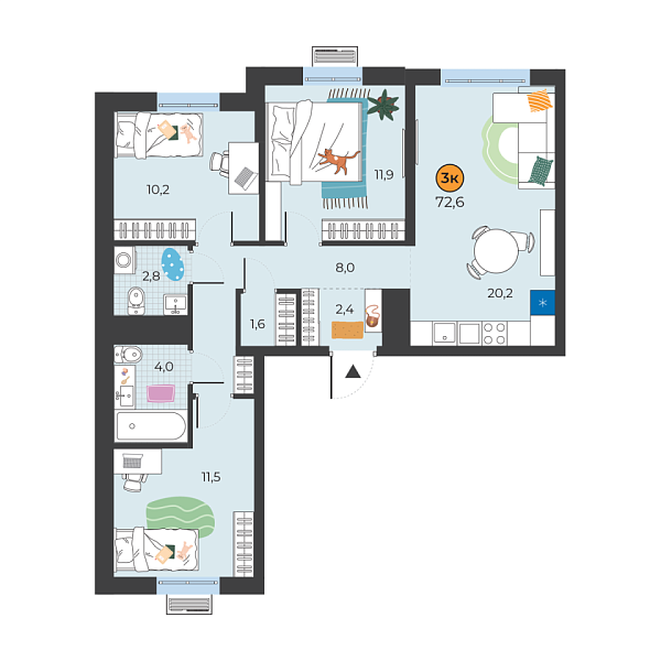 Новая 3-к квартира
 72.6 м² на 10/25 этаже в ЖК «Корней» в городе Тюмень 