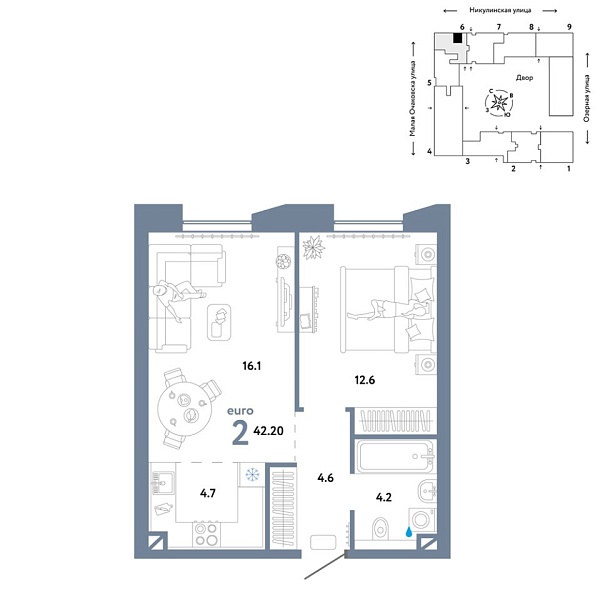Новая 2-к квартира
 42.2 м² на 2/30 этаже в ЖК «Страна.Озёрная» в городе Тюмень 