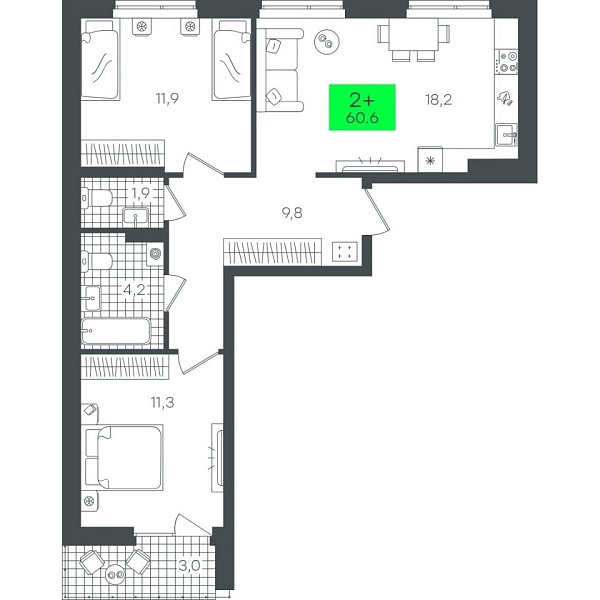 Новая 2-к квартира
 60.67 м² на 8/22 этаже в ЖК «Гранд Квартал» в городе Тюмень 