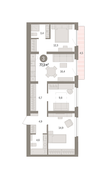 Новая 3-к квартира
 77.34 м² на 5/7 этаже в ЖК «Зарека» в городе Тюмень 