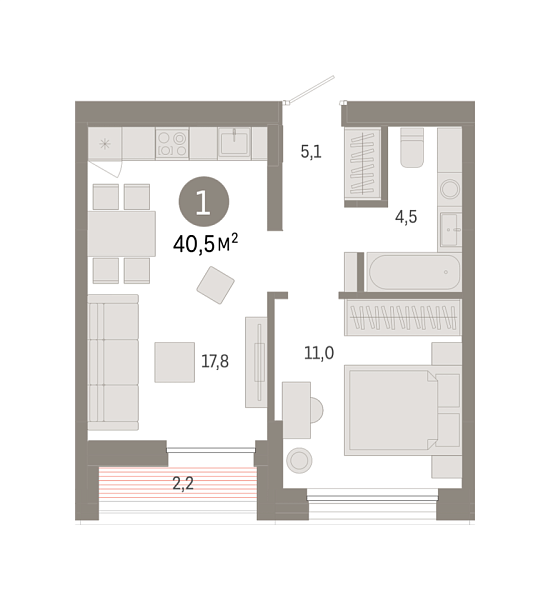 Новая 1-к квартира
 40.48 м² на 9/9 этаже в ЖК «Республики 205» в городе Тюмень 