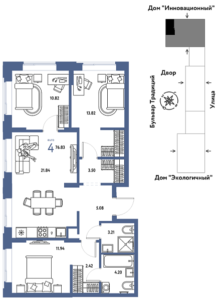 Новая 4-к квартира
 76.83 м² на 3/15 этаже в ЖК «Домашний» в городе Тюмень 