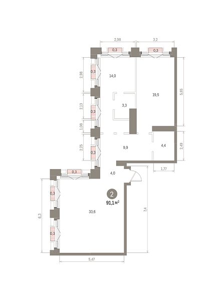 Количество комнат: 2,  91.1 кв.м.