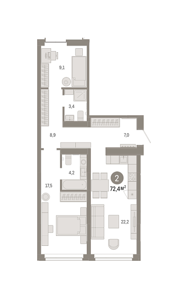 Новая 2-к квартира
 72.35 м² на 2/7 этаже в ЖК «Республики 205» в городе Тюмень 