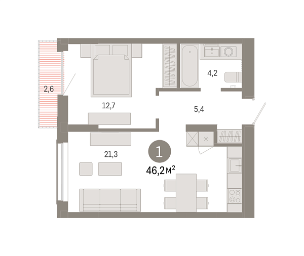 Новая 1-к квартира
 46.23 м² на 14/17 этаже в ЖК «Октябрьский на Туре» в городе Тюмень 