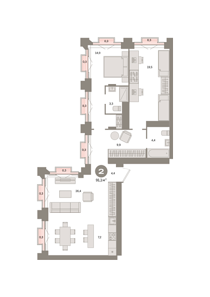 Новая 2-к квартира
 91.1 м² на 31/31 этаже в ЖК «Квартал «Метроном»» в городе Тюмень 